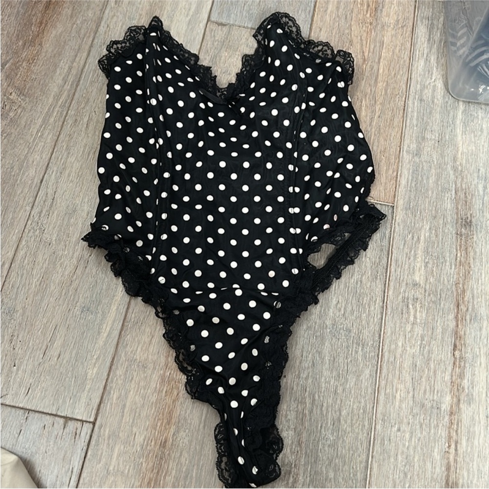 Vintage 80s Emile Bole Polka Dot Thong Pinup Bustier One Piece Bodysuit Lingerie - Picture 3 of 13
